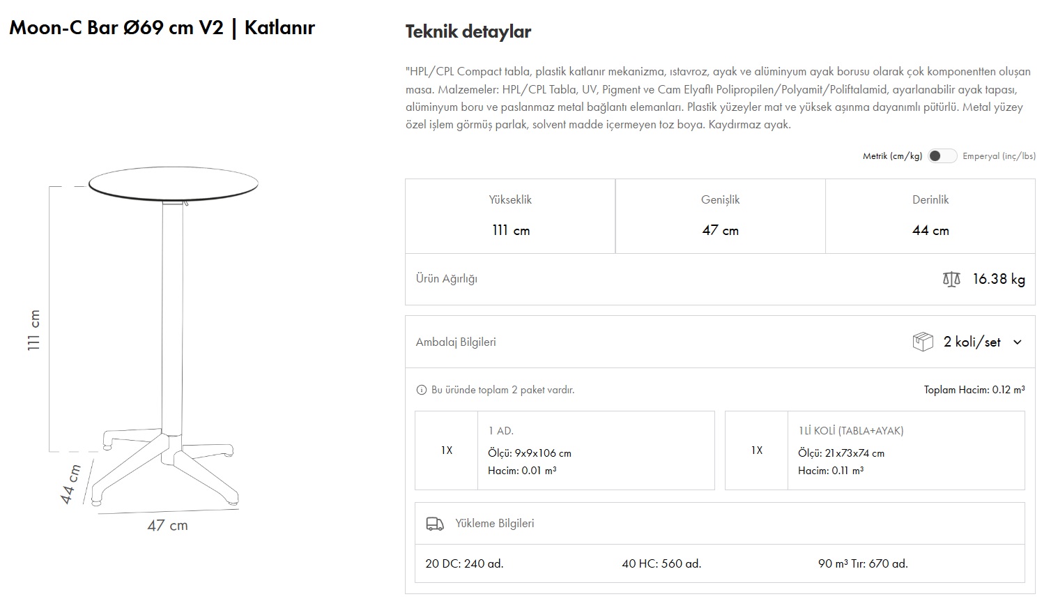 Moon-C Bar Masa Ø69 V2 Katlanır